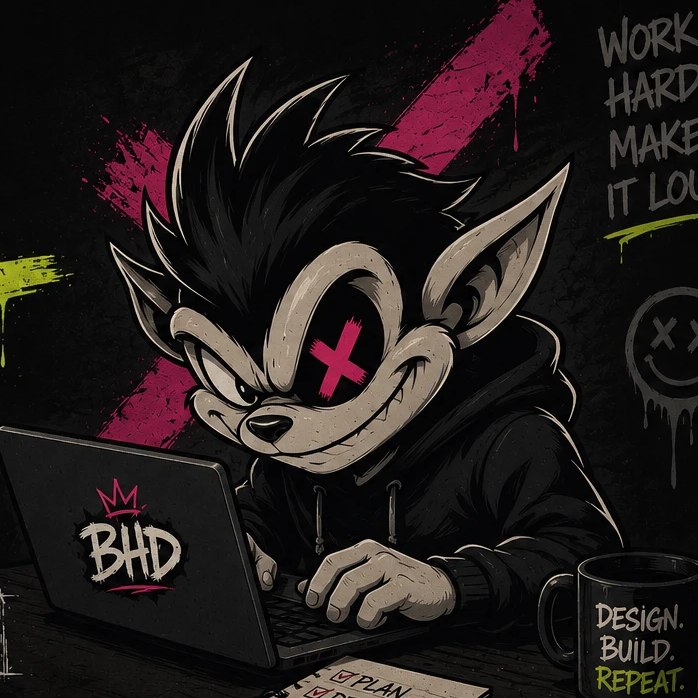 Bad Habit Design wolf mascot with X eye in a pink spray-paint circle