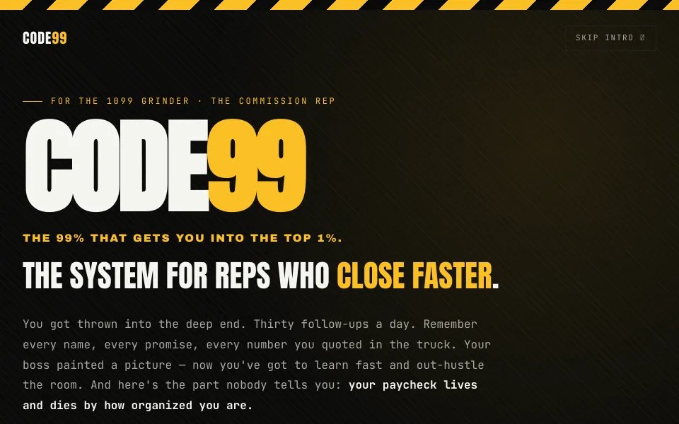 CODE99 sales rep documentation system website hero