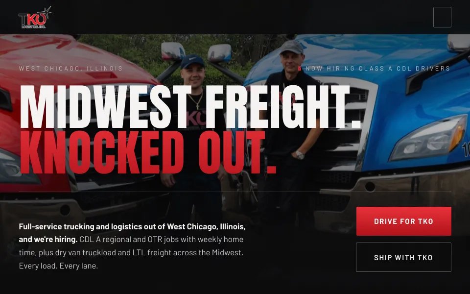 TKO Logistics website hero with two Freightliner trucks and drivers